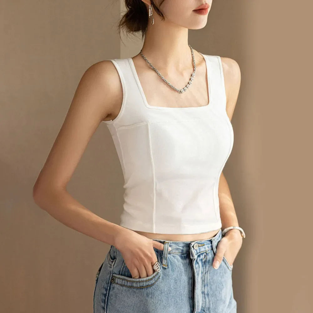 Simple Basic Skinny Vest Women Solid Color Square Neck Slim Crop Top Sleeveless Spicy Girl Style Camisole with Pads Girls
