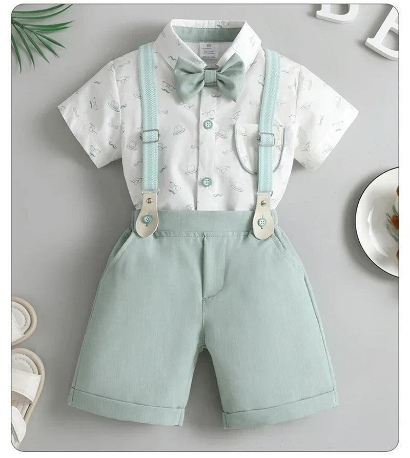 1-6Y Summer  Baby Boys Formal Costume Short Sleeve Bow Tie T-Shirt+Suspender Shorts Wedding Parties Festivals Gentleman Clothing
