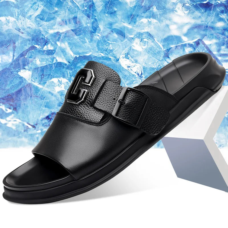 Men Outwear Genuine Leather Slippers for Men Fashion Buckle Designer Summer Flip-flops Male Casual Non-slip Beach Shoes Man