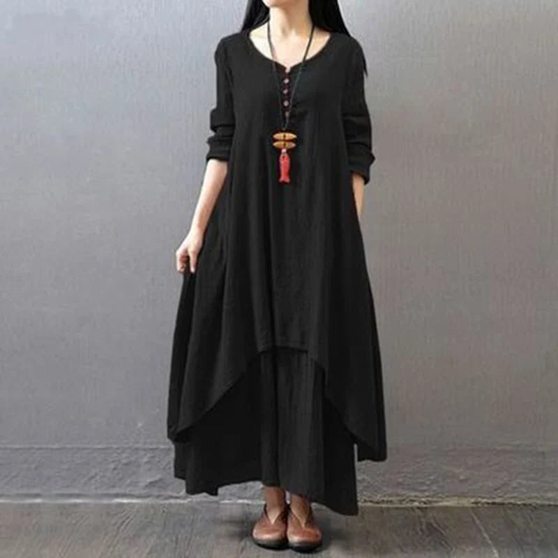 Women Elegant Linen Ginger Dresses Bohemia Layering Vintage Robe Long Sleeve Loose Long Dress Female Autumn Vestidos