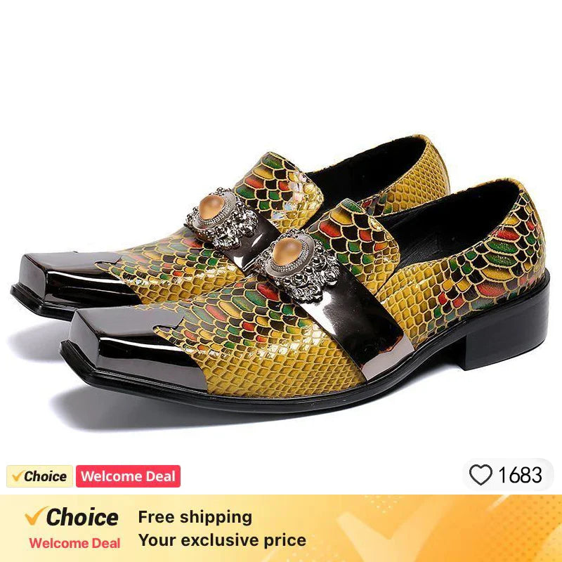 brown business dress men's shoes black snake embossed Genuine leather shoes dragon head pointed party Trend wedding shoes