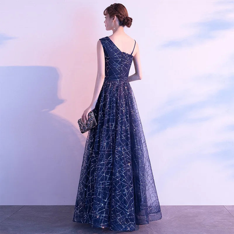 Ele Blue adient Starry  Evening Gown Women's Faion ow Host Ball Dr Autumn New Arrival Chinese Production