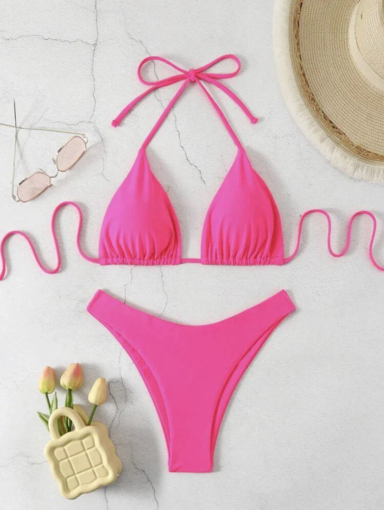 Women Thong Bikini Sexy Solid White/Black/Coffee Halter Swimsuit Lace Up Brazilian Bathing Suit 2025 New Double Fabric Beachwear