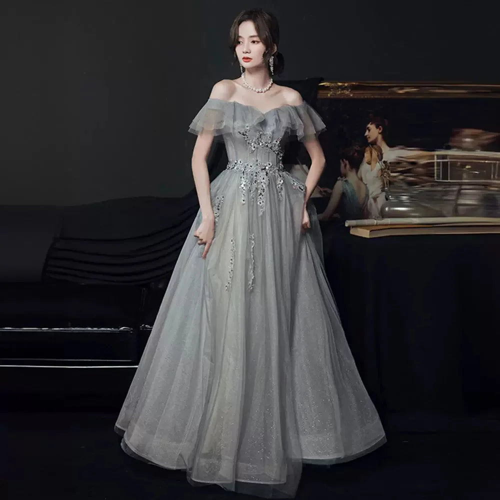 Faionable ay Blue One oulder Evening Gown Summer Season Midi Skirt Solo Singing Art Exam Ele Personali