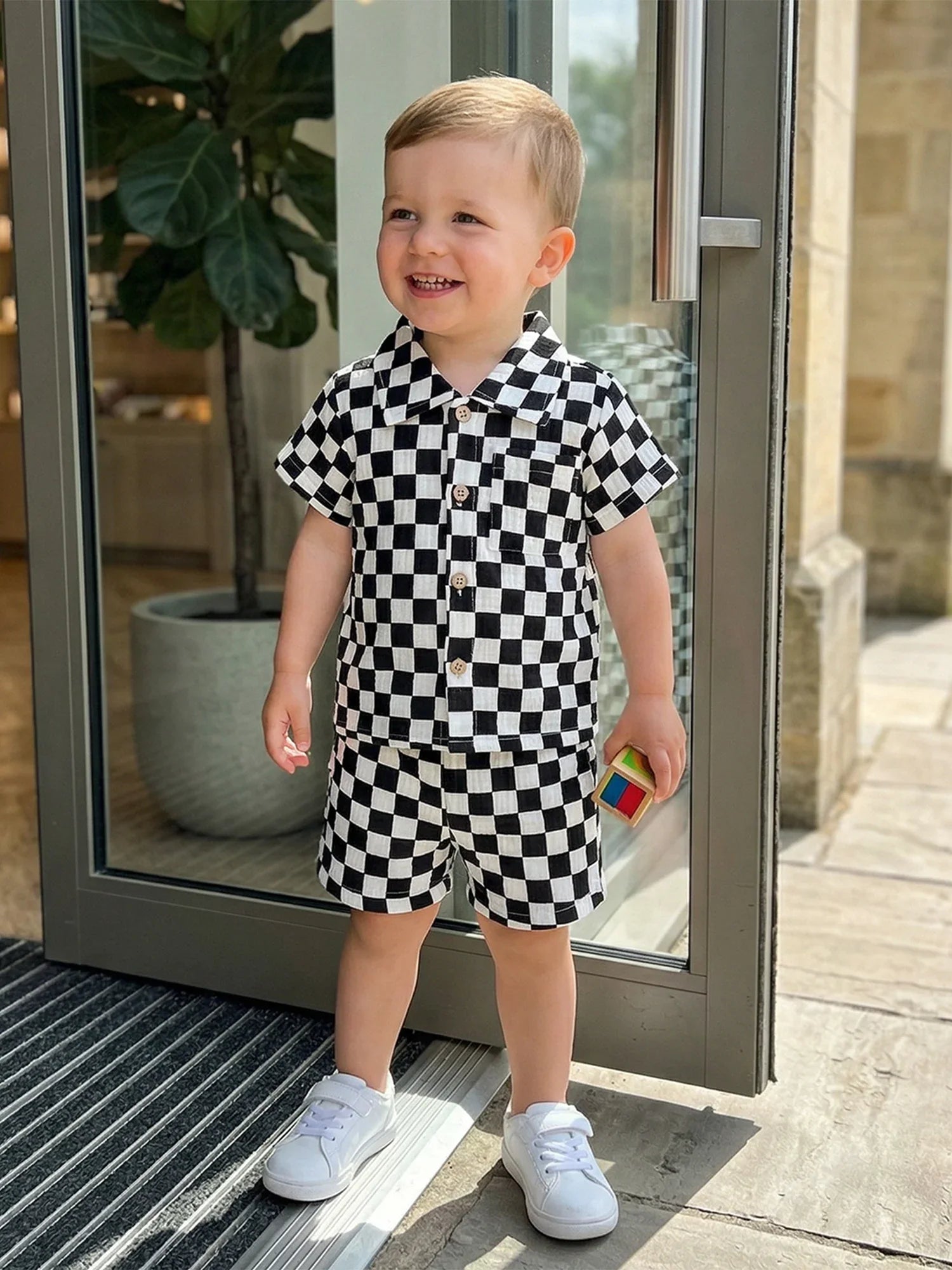 Toddler Baby Boys Summer Outfit Fashionable Plaid Short Sleeve Lapel Shirt with Shorts 2Pcs Set
