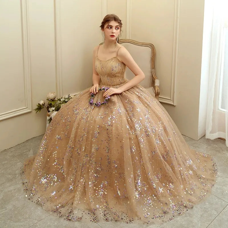 Customized Fashion Women Evening Dresses Spaghetti Straps Sequins Tulle Prom Birthday Party Gowns Formal Vestido De Noche