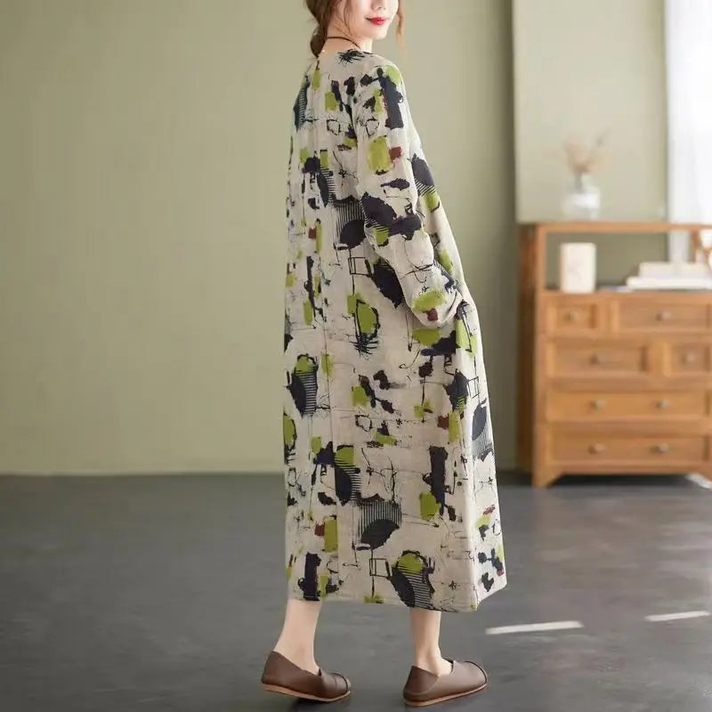 Women's Clothing Vintage Ethnic Style Print Harajuku Casual Dresses Spring Autumn Fashion Long Sleeve Oversized Midi Dress Robe