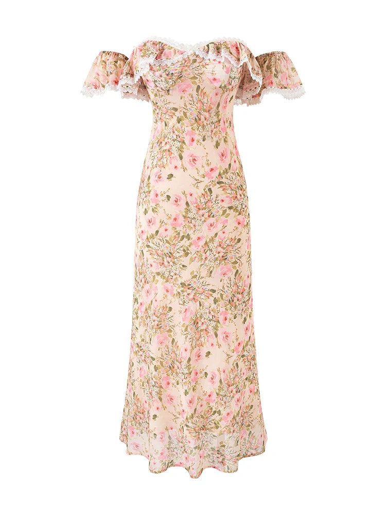 Chu Sau beauty Women New Fashion Sweet Floral Print Chic Lace Long Dress French Slash Neck Sexy Slim Backless Party Dresses