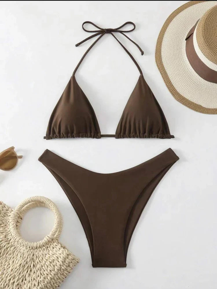 Women Thong Bikini Sexy Solid White/Black/Coffee Halter Swimsuit Lace Up Brazilian Bathing Suit 2025 New Double Fabric Beachwear