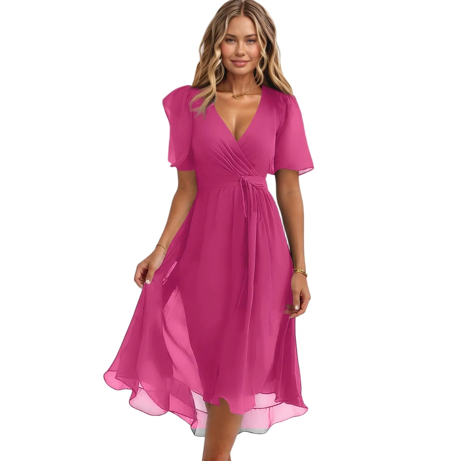 Women Summer Thin Dress Daily Casual Fashion Wrinkles V-Neck Waist Cinching A-Line Zipper Dress Lightweight Comfy Vacation Dress