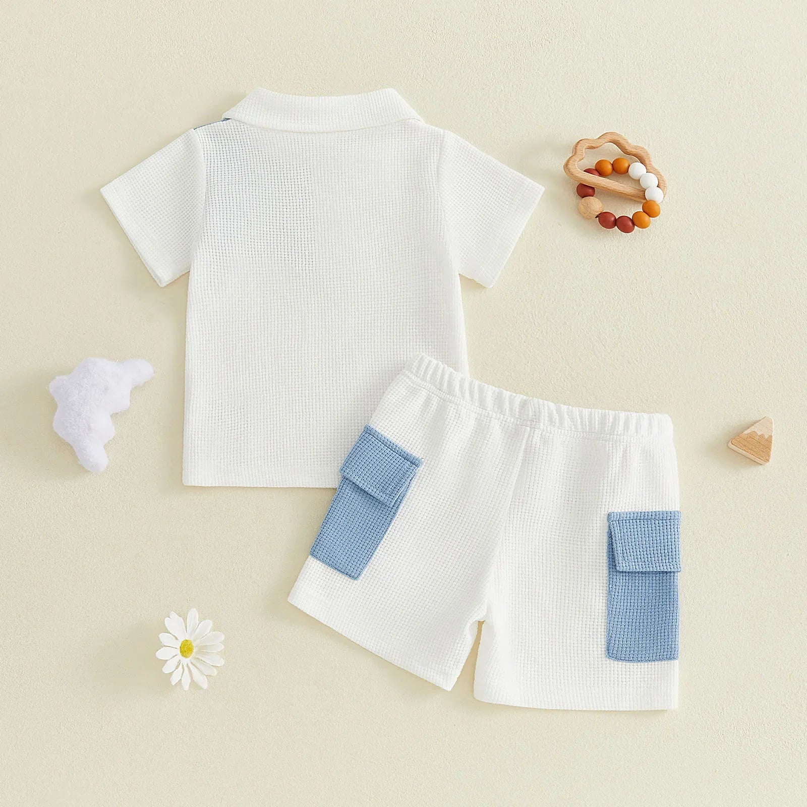 Toddler Baby Boy Summer Outfit Contrast Short Sleeve Collared Shirts Cargo Shorts 2 Piece Boys Waffle Clothing Set