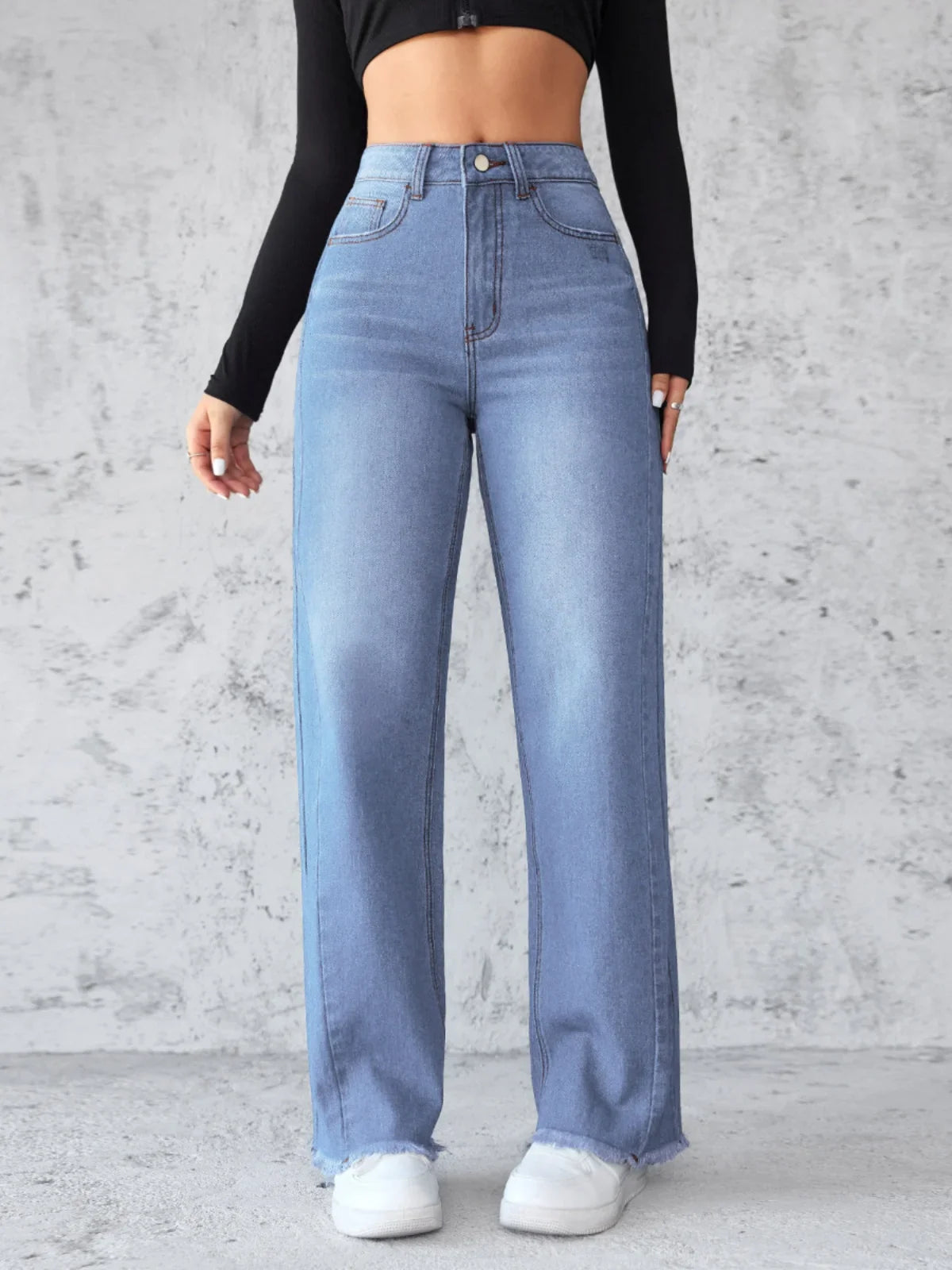 Street Sle High Waist Wide Leg Straight Jeans Women's No Stretch Denim Pants Casual Faion Pure Color Long Trousers