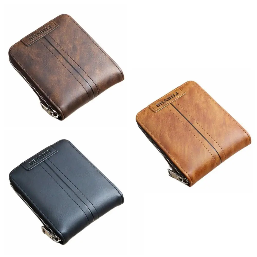 PU Leather Men Short Wallet with Zipper Multiple Card Slots Card Holder Solid Color Large Capacity Business Coin Purses Boy