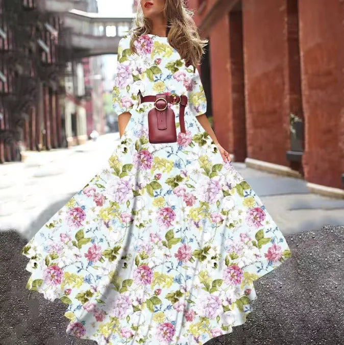 Spring Summer Vintage Flower Floral Print Maxi Dress Office Lady Fashion Elegant Long Sleeve O-neck Dresses For Women 2024