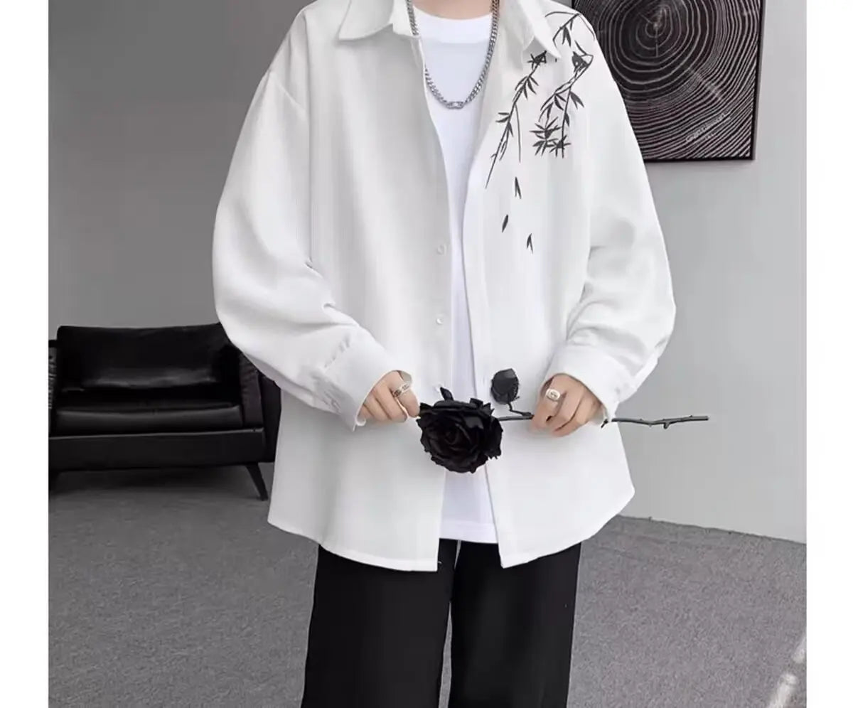 New Chinese Sle Long Sve Men's irt Embroidered Casual Thin Spring Loose Haome Cotton Flannel irt Jaet