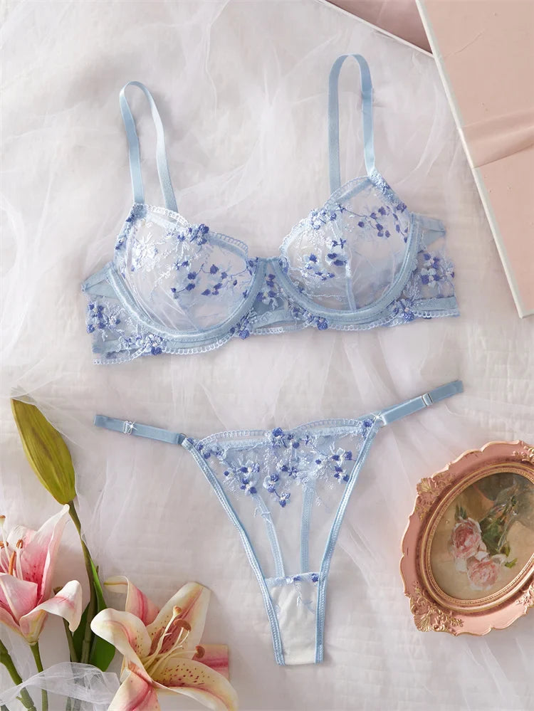 Sexy Lingerie Blue Mesh Underwear Delicate Embroidery Bra Set See Through Erotic Lingerie Romantic Intimate Underwear Sexy Set