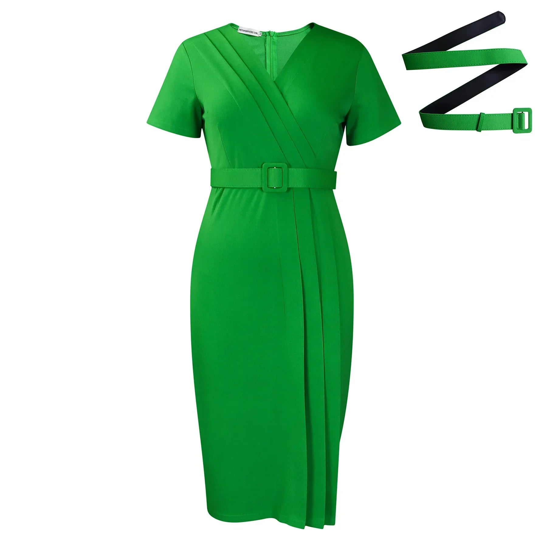 Summer Elegant Office Dresses For Women V Neck Fashion Sexy Short Sleeve Belt Waisted Wear Dress Midi Dress Women Clothing