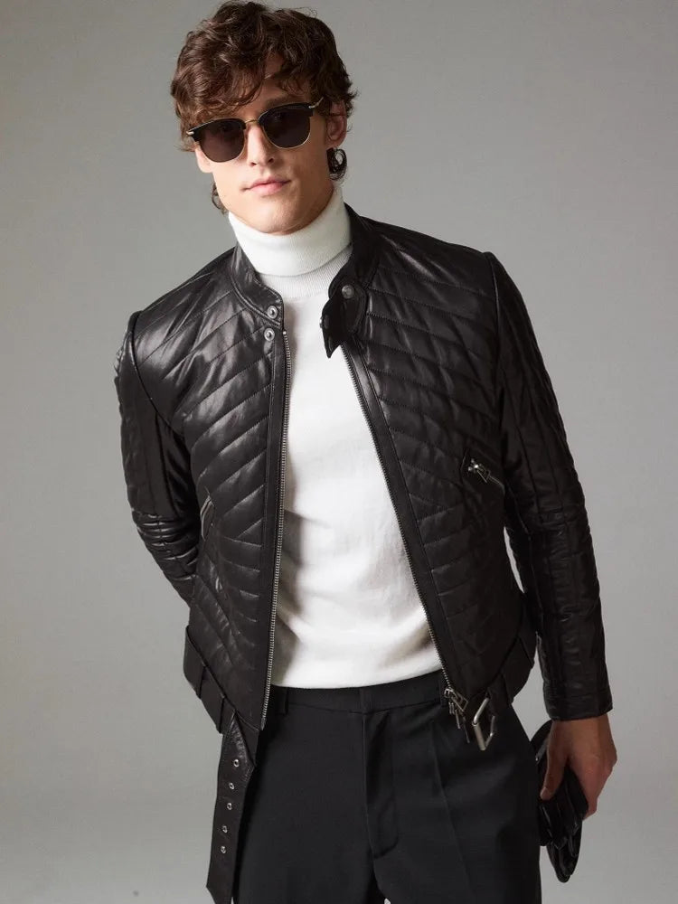 Male Genuine Leather Jacket Stand Collar Autumn Winter Zipper Slim Fit Cotton Padded Real Sheepskin Motorcycle Biker Style Coat
