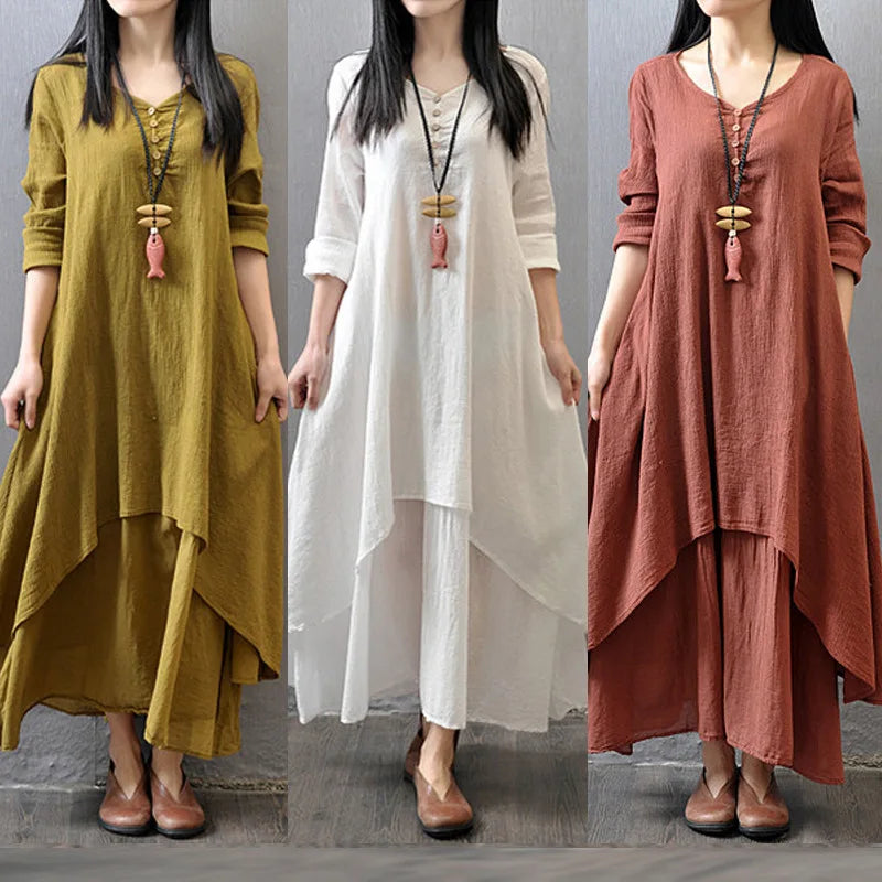 Women Elegant Linen Ginger Dresses Bohemia Layering Vintage Robe Long Sleeve Loose Long Dress Female Autumn Vestidos