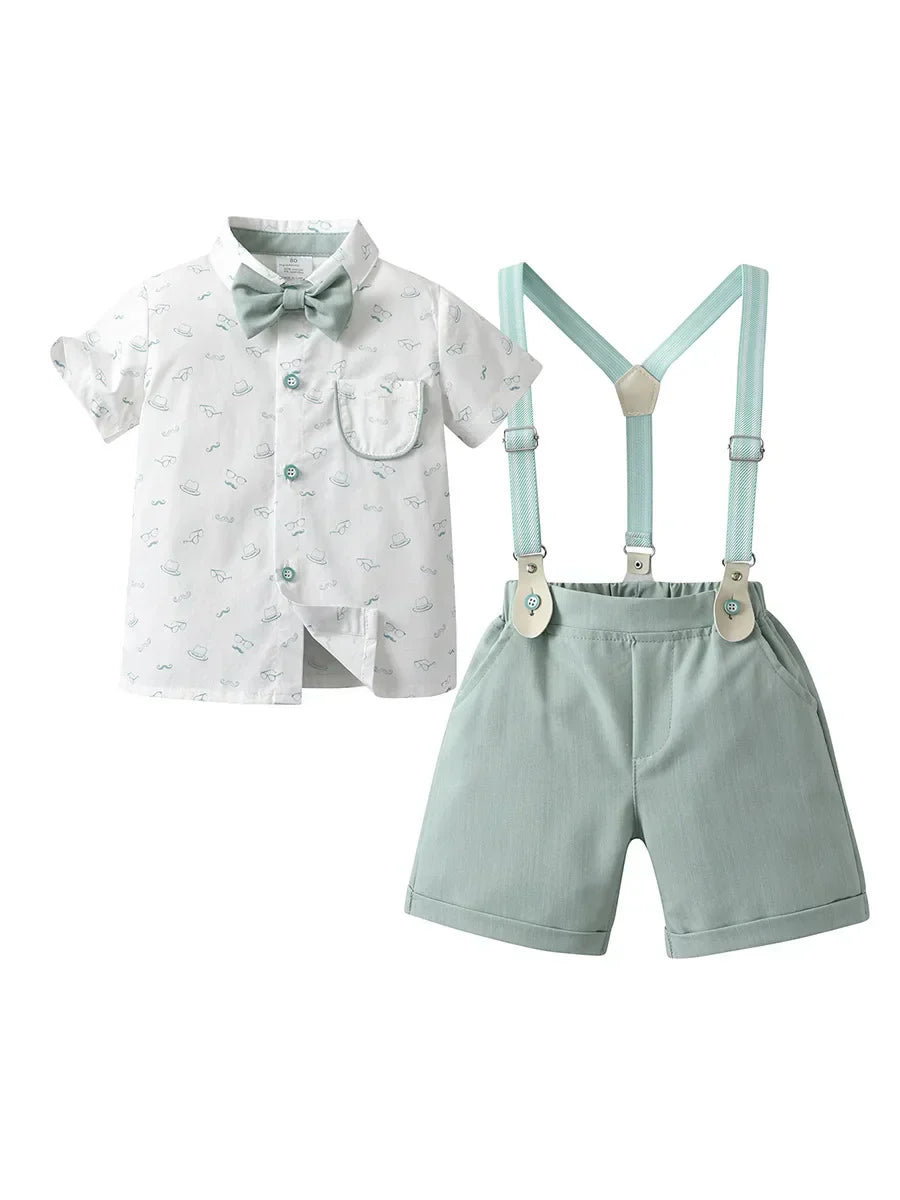 1-6Y Summer  Baby Boys Formal Costume Short Sleeve Bow Tie T-Shirt+Suspender Shorts Wedding Parties Festivals Gentleman Clothing