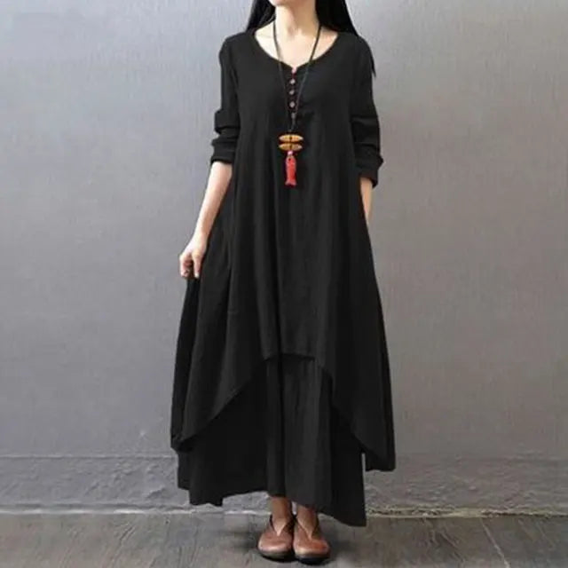 Loose Long Sve Cotton Linen Skirt Women's Artistic Sle Loose Fit Maxi Skirt Summer Casual V-ne A-line Dr
