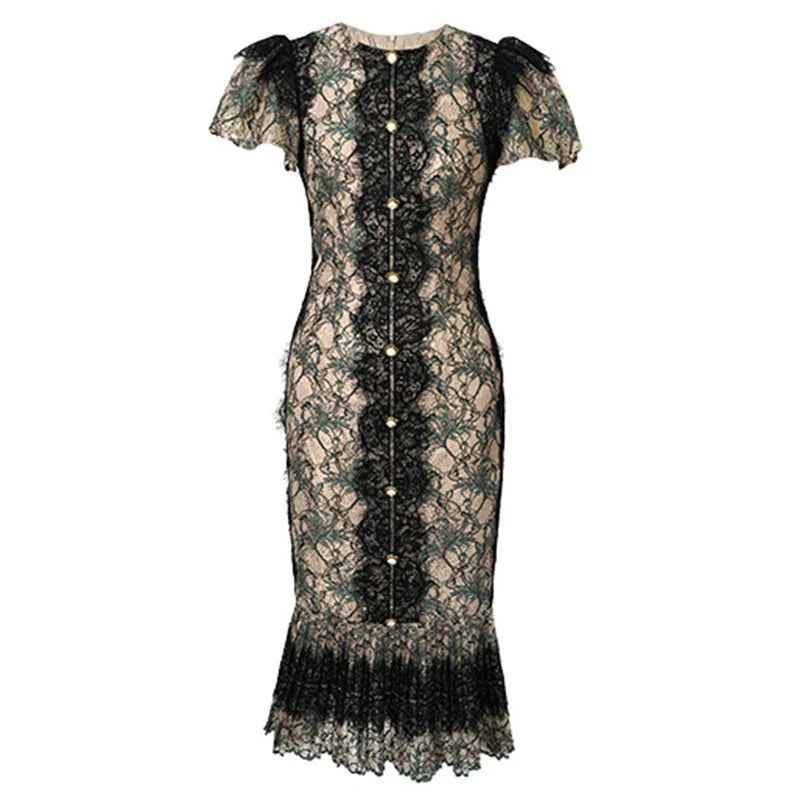 Elegant Birthday Party Dresses Women's Retro Lace Bubble Sleeve Single Breasted Pleated Skinny Fishtail Robe  Runway Vestido