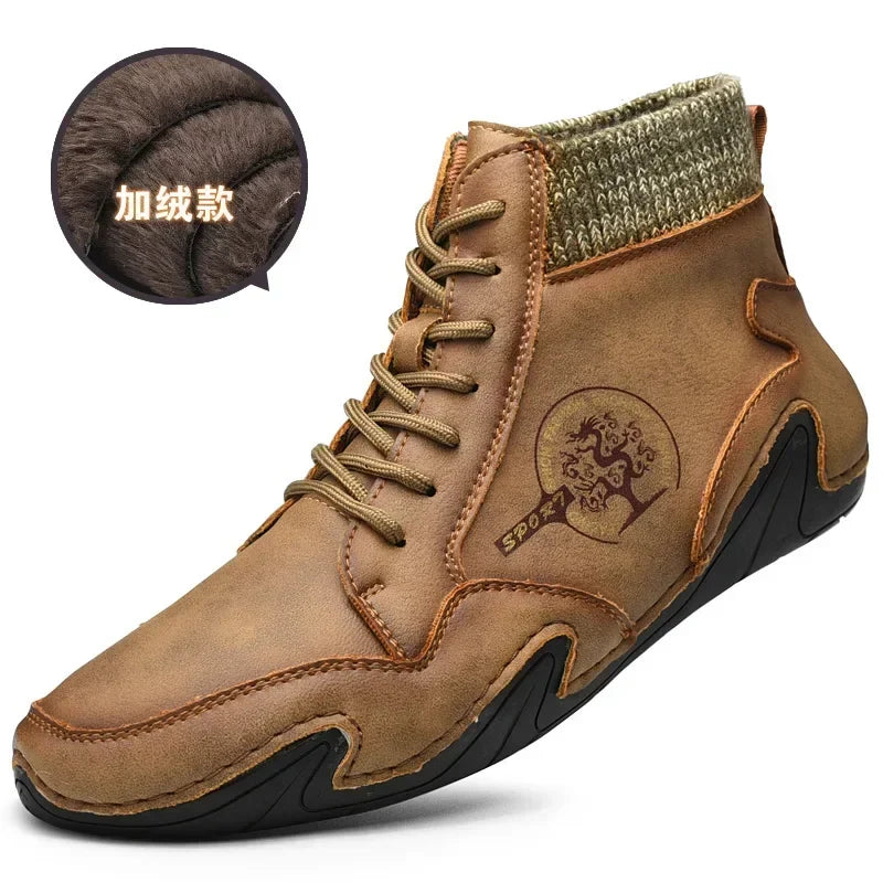 Winter Leather Men Boots with Fur Warm Snow Boots Men Comfort Casual Shoes Sneakers High Top Western Ankle Boot zapatillas male