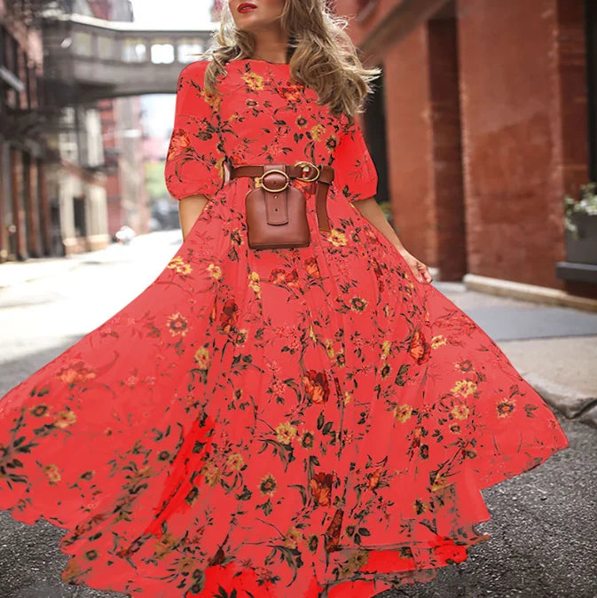 Spring Summer Vintage Flower Floral Print Maxi Dress Office Lady Fashion Elegant Long Sleeve O-neck Dresses For Women 2024