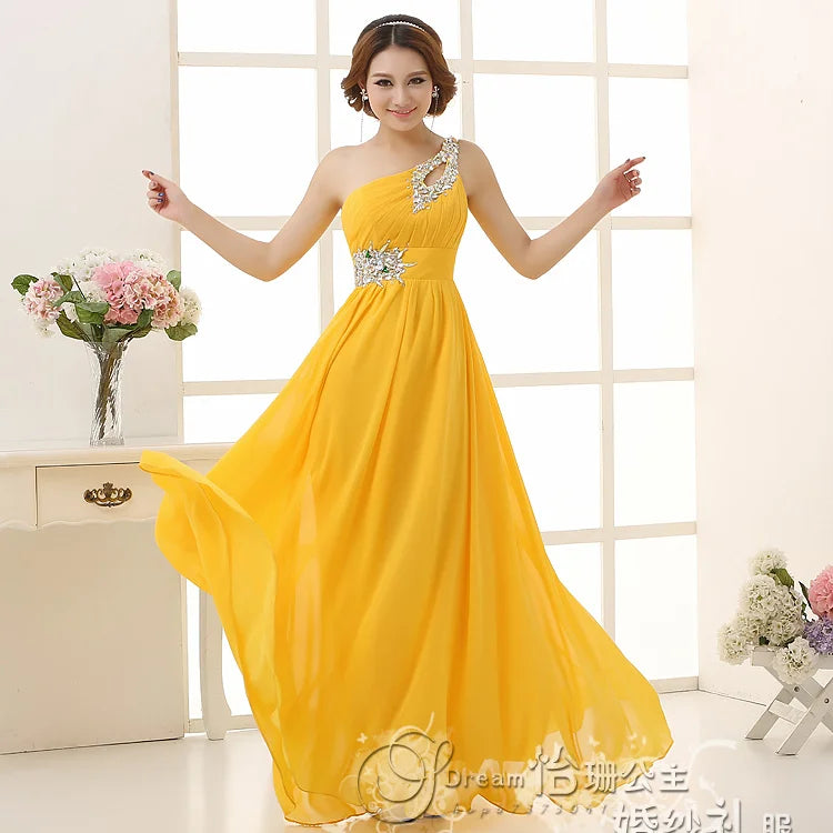 M108 Customized One Shoulder Chiffon Bridesmaid Dresses Bride Crystal Acrylic Diamond Jewelry Sexy Bespoke Occasion Dress Long