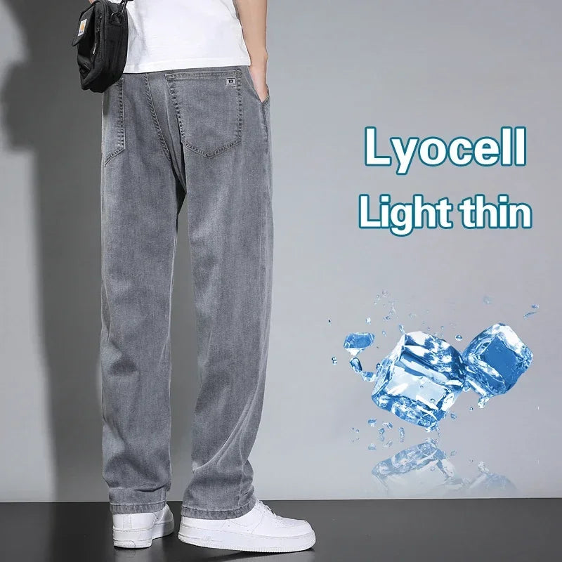 2025 New Summer Thin Men's Straight Loose Gray Jeans Soft Fabric Lyocell Fabric Light Colored Casual Pants Male Brand Trousers