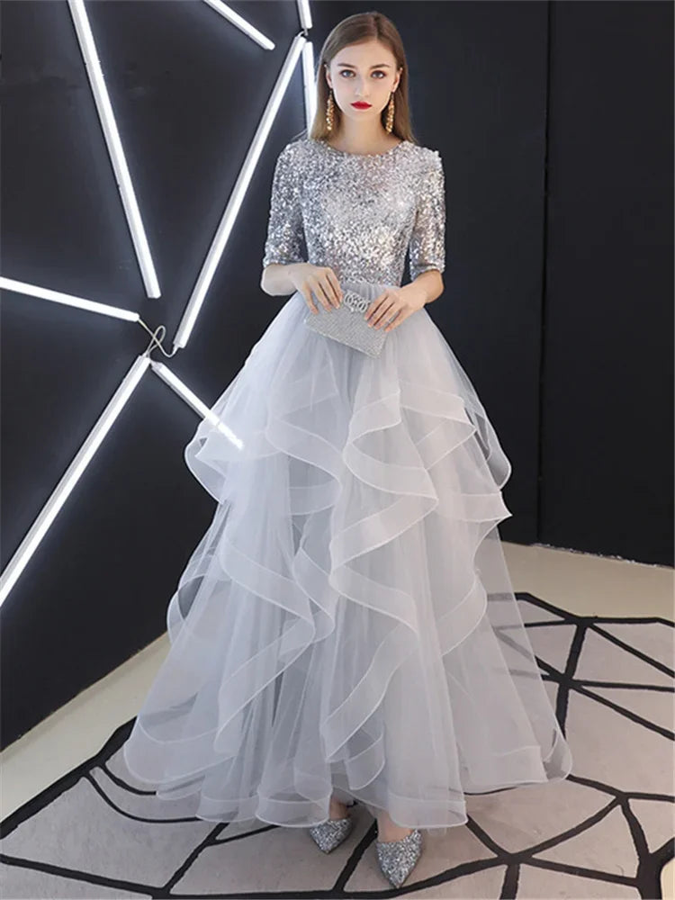 It's YiiYa Evening Dresses Gray Sequins Half Sleeve Tiered Hems Floor-length Fromal Plus size Party Gowns LX1398 robe de soiree