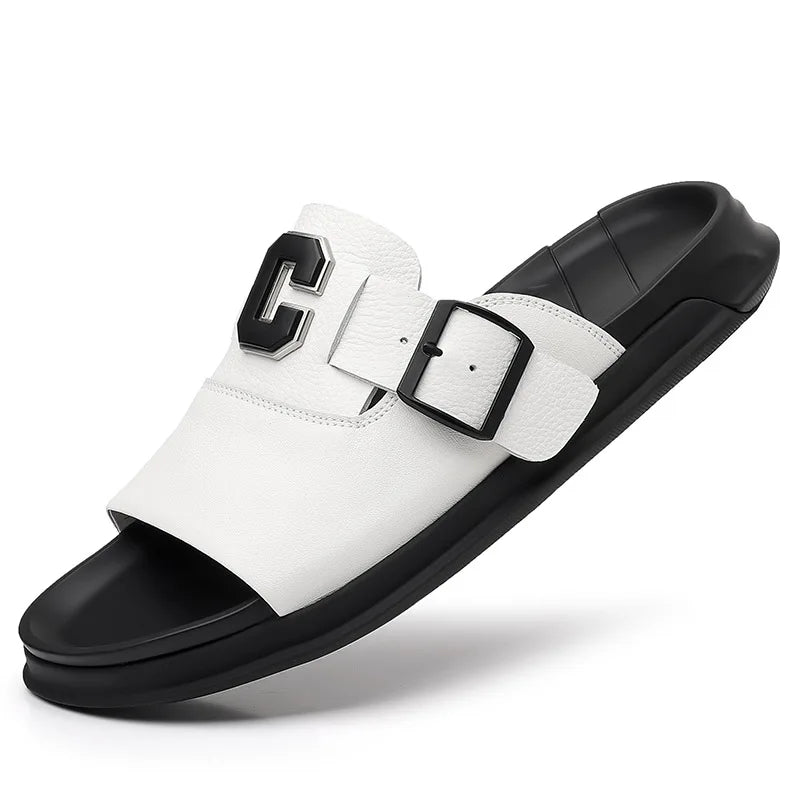 Men Outwear Genuine Leather Slippers for Men Fashion Buckle Designer Summer Flip-flops Male Casual Non-slip Beach Shoes Man