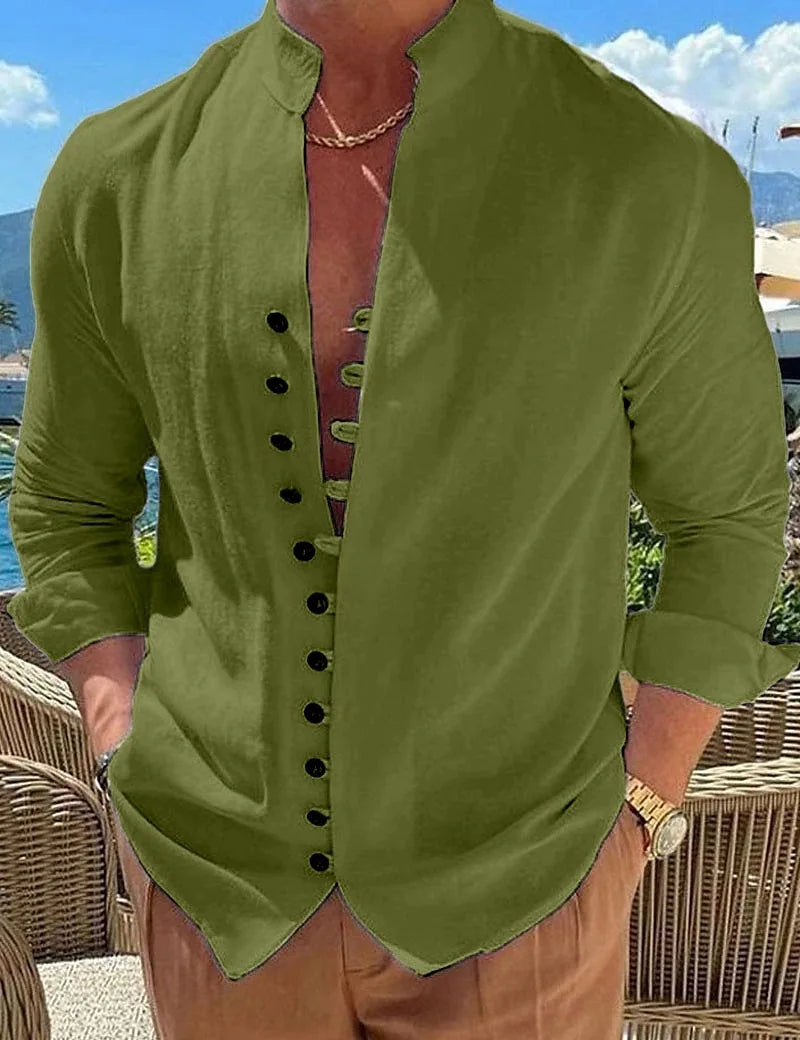 2023 New Men's Cotton Hemp Casual Loose Long Sve irt Pure Color Stand Collar Summer Faion Comfortable Clothing