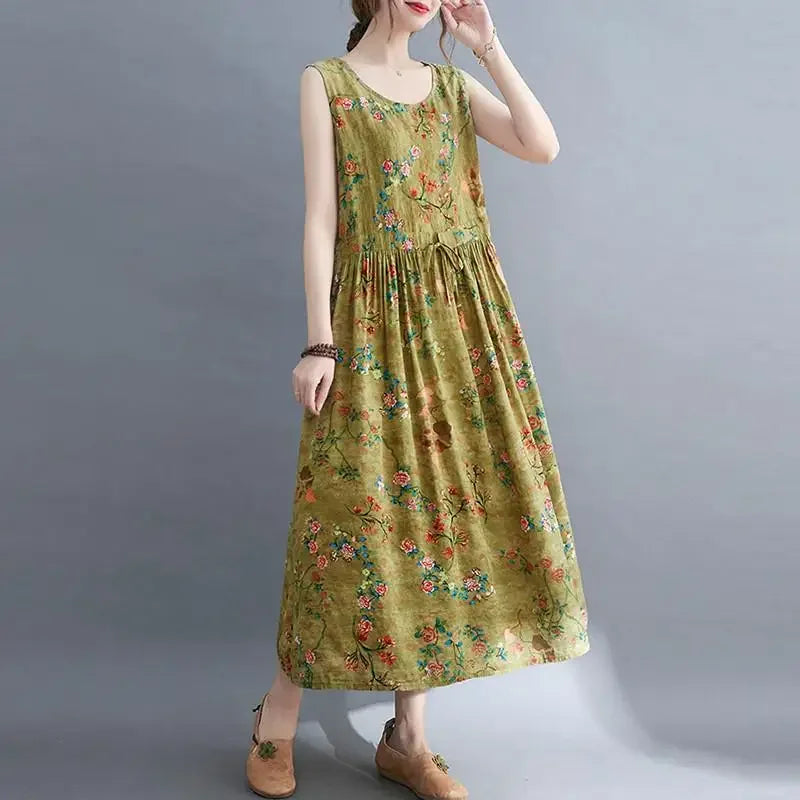 Women Summer Sleeveless Casual Dress New Arrival Vintage Style Floral Print Loose Cotton Linen Female Long Dresses V1069