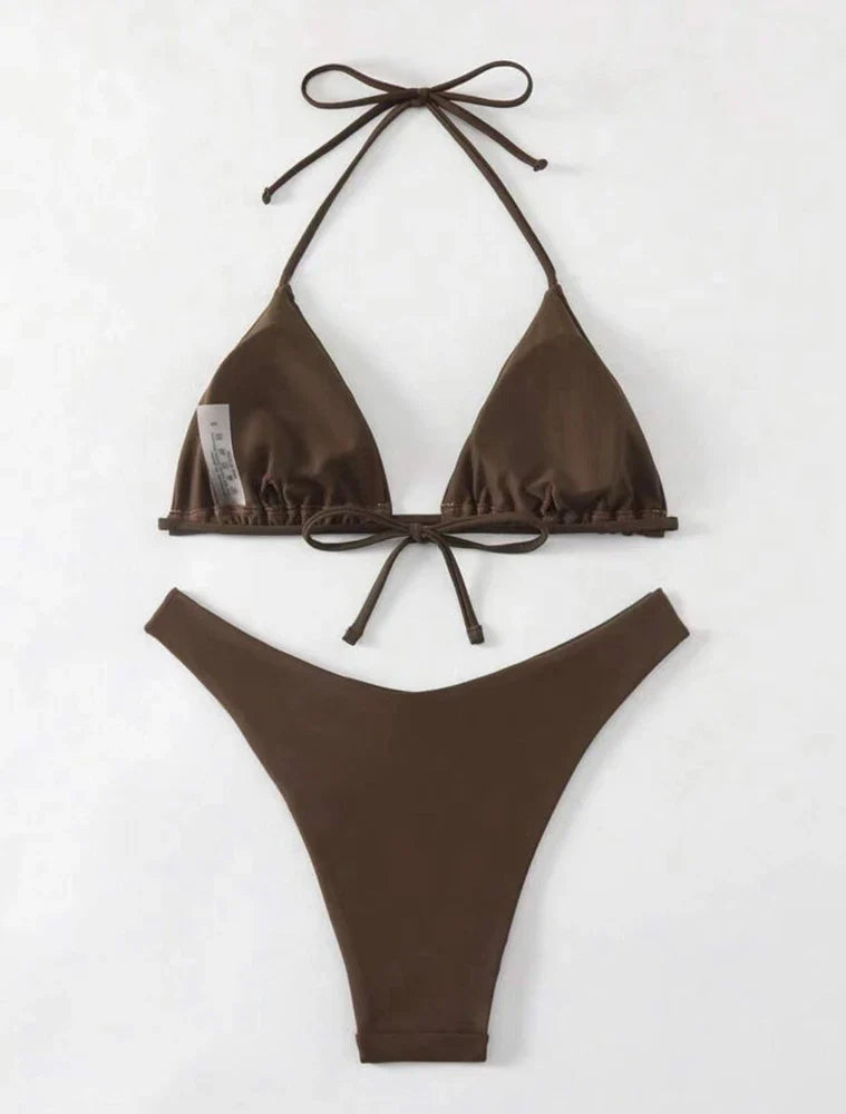Women Thong Bikini Sexy Solid White/Black/Coffee Halter Swimsuit Lace Up Brazilian Bathing Suit 2025 New Double Fabric Beachwear