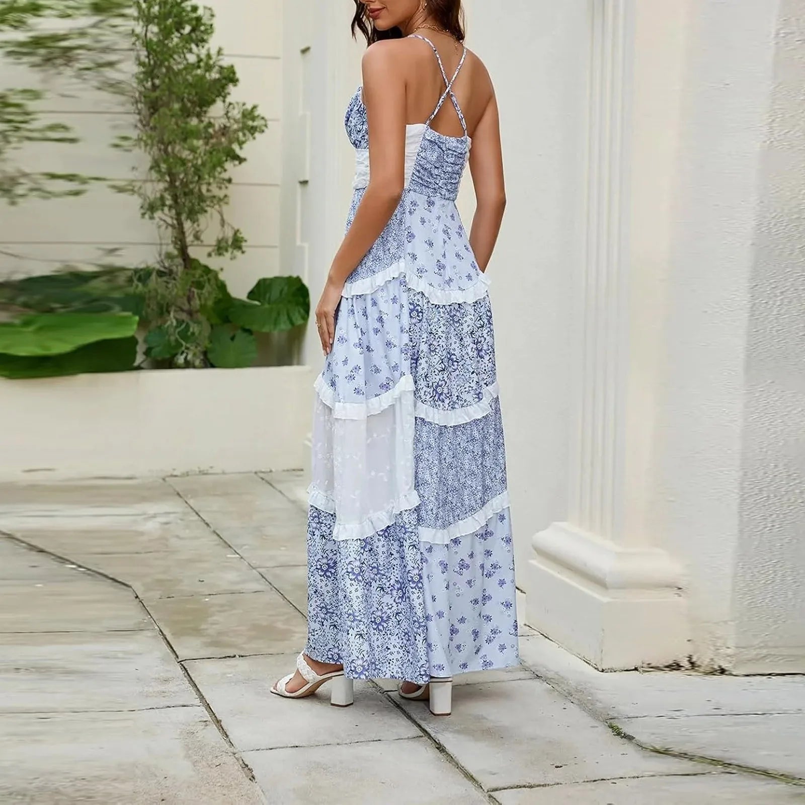 Women'S Spring/Summer Casual V-Neck Floral Printed Beach Midi Dresses Vestido Mujer Summer Dress Robe Femmes Dress Women