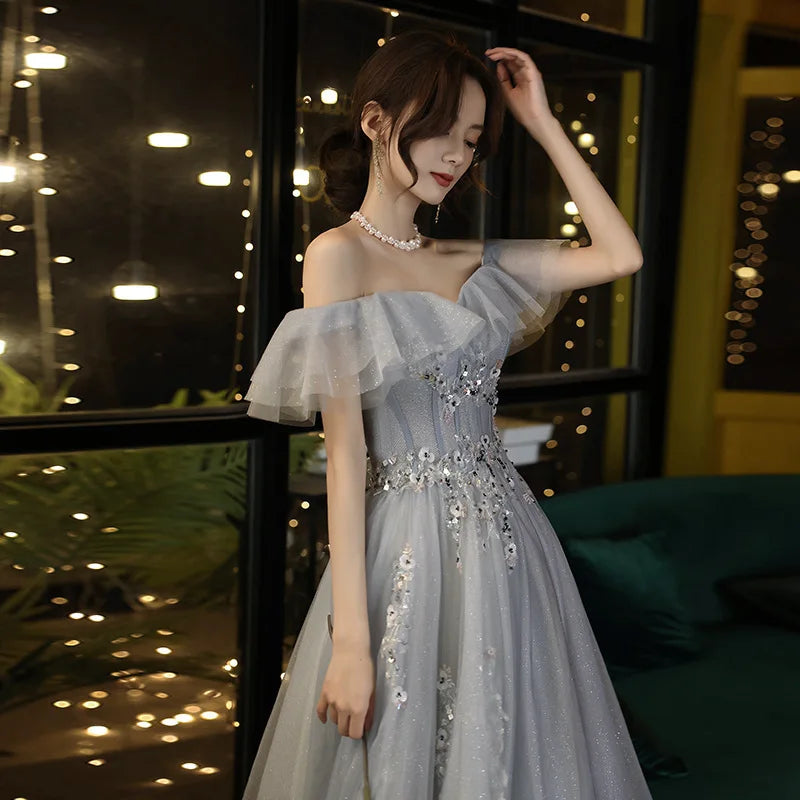 Faionable ay Blue One oulder Evening Gown Summer Season Midi Skirt Solo Singing Art Exam Ele Personali