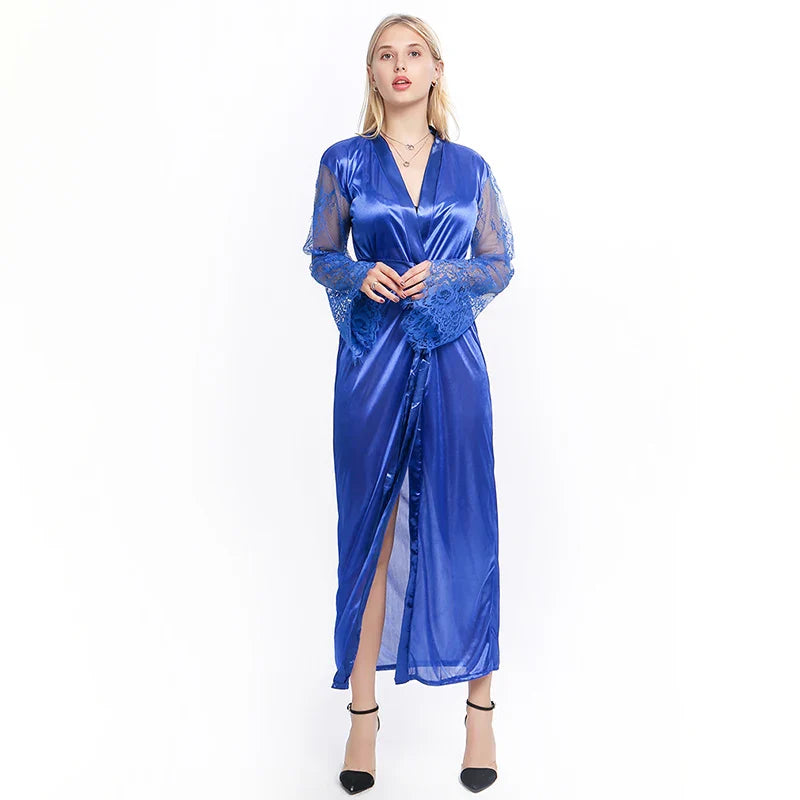 Women Long Bath Robe Summer Nightgown Lace Patchwork Lingerie Nightdress Sleepwear Sexy Robe Femme Nightgown Bridesmaid Robes