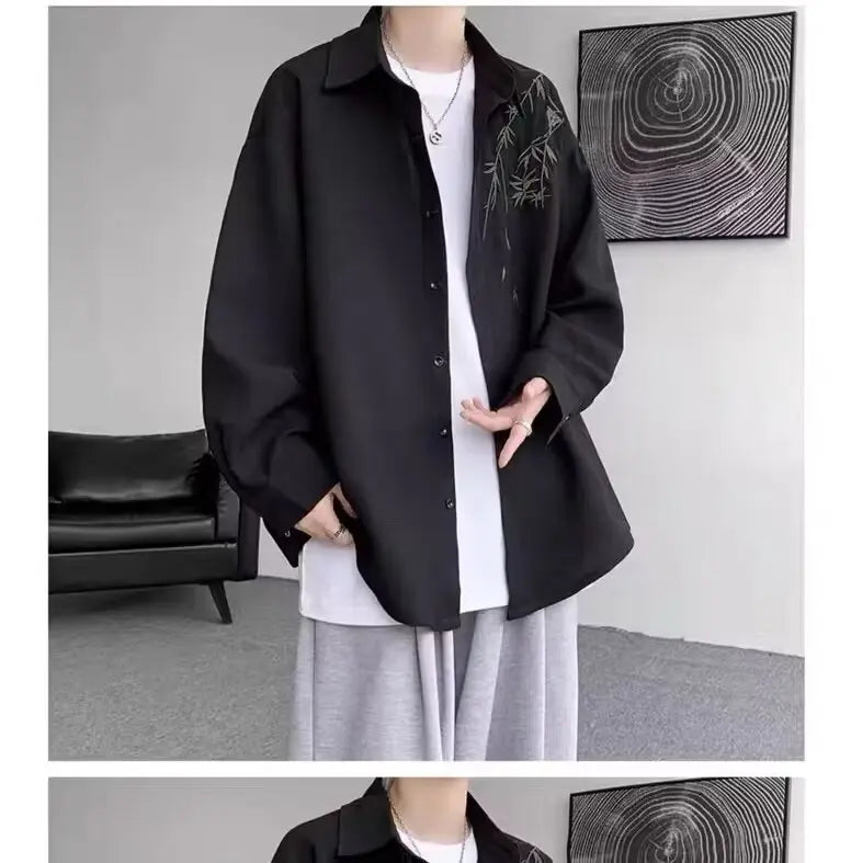 New Chinese Sle Long Sve Men's irt Embroidered Casual Thin Spring Loose Haome Cotton Flannel irt Jaet