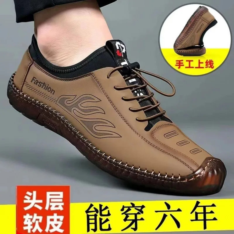 Men's Low-Top Breathable Leather Shoes Spring New Style Casual Soft Bottom Versatile Hollow out Design Comfortable All-Match