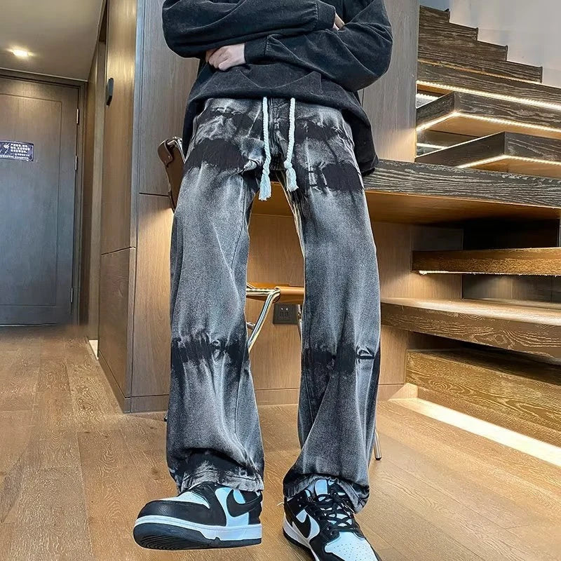 2026 New Tie Dye Retro Drawstring Jeans For Men Baggy High Street Straight Pants Hip Hop Fashion Casual y2k jean hombre pantalon