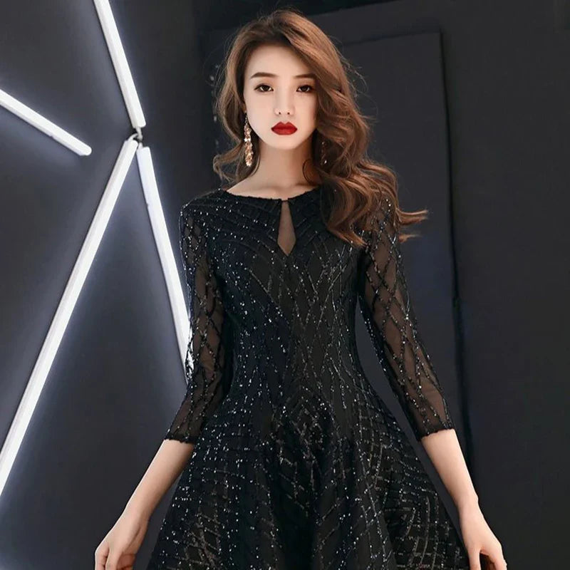 Black Cocktail Dress Half Sleeve Sequined Robe Cocktail Gown Solid Cut-out Illusion Short Cocktail Dresses