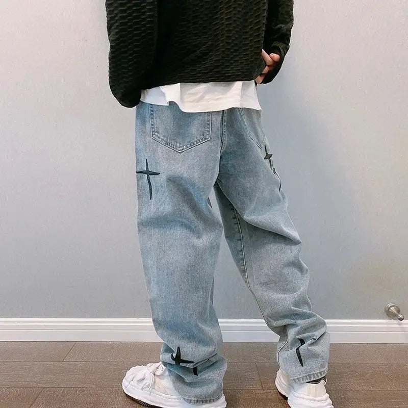 Men's 2023 New Streetwear Baggy Wide Leg Jeans Ko Print Pattern Comfortable Fit Casual Trousers for Men