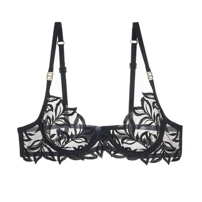 Lace Lingerie Bra & Brief Sets Women's Transparent Lace Bra Top Thin Cotton Sexy Embroidered Hollow Out T-back Soft Bra Set