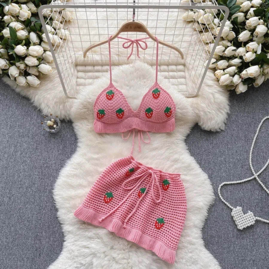 Seaside Vacation Style Hollow Hook Flower Knitted Suit Women's Sweet Hanging Neck Vest High Waist Mini Skirt Two-piece Set