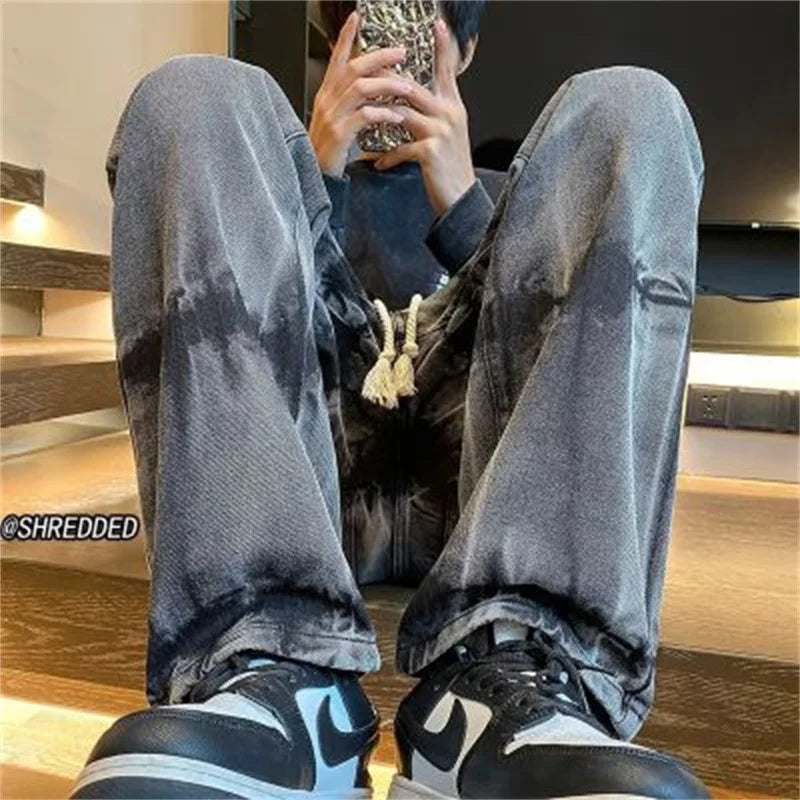 2026 New Tie Dye Retro Drawstring Jeans For Men Baggy High Street Straight Pants Hip Hop Fashion Casual y2k jean hombre pantalon