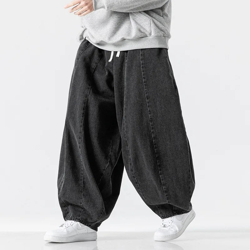 2025 New men's pants in plus size Japanese retro loose Haren straight leg pants Hong Kong style wide leg denim lantern pants