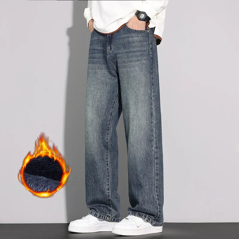 Fleece Jeans Men's Winter Fashion Straight Loose Thick Fleece Trousers Casual Vintage Streetwear Male Warm Plush Denim Pants