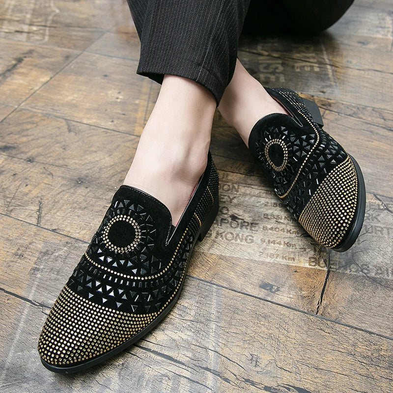 Brand Noble Black Rhinestone Men Dress Shoes Velvet Crystal Luxury Moccasins Mens Loafers Office Business Party Man casual Shoes