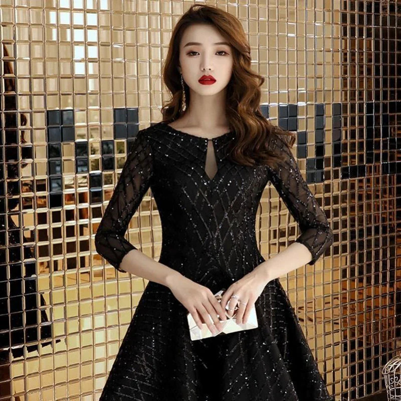 Black Cocktail Dress Half Sleeve Sequined Robe Cocktail Gown Solid Cut-out Illusion Short Cocktail Dresses